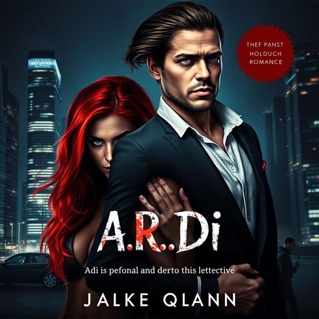 An intriguing book cover designed in the dark romance genre, featuring a wealthy man and a vulnerable woman with striking red hair, set against the backdrop of a modern nighttime city