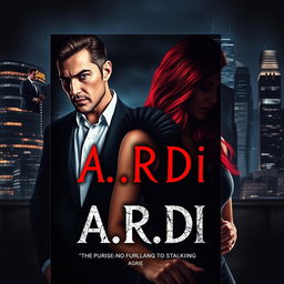 An intriguing book cover designed in the dark romance genre, featuring a wealthy man and a vulnerable woman with striking red hair, set against the backdrop of a modern nighttime city