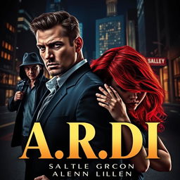 A captivating book cover in the dark romance style, featuring a wealthy man and a vulnerable woman with striking red hair, ensnared in a narrative of pursuit within a modern nighttime city