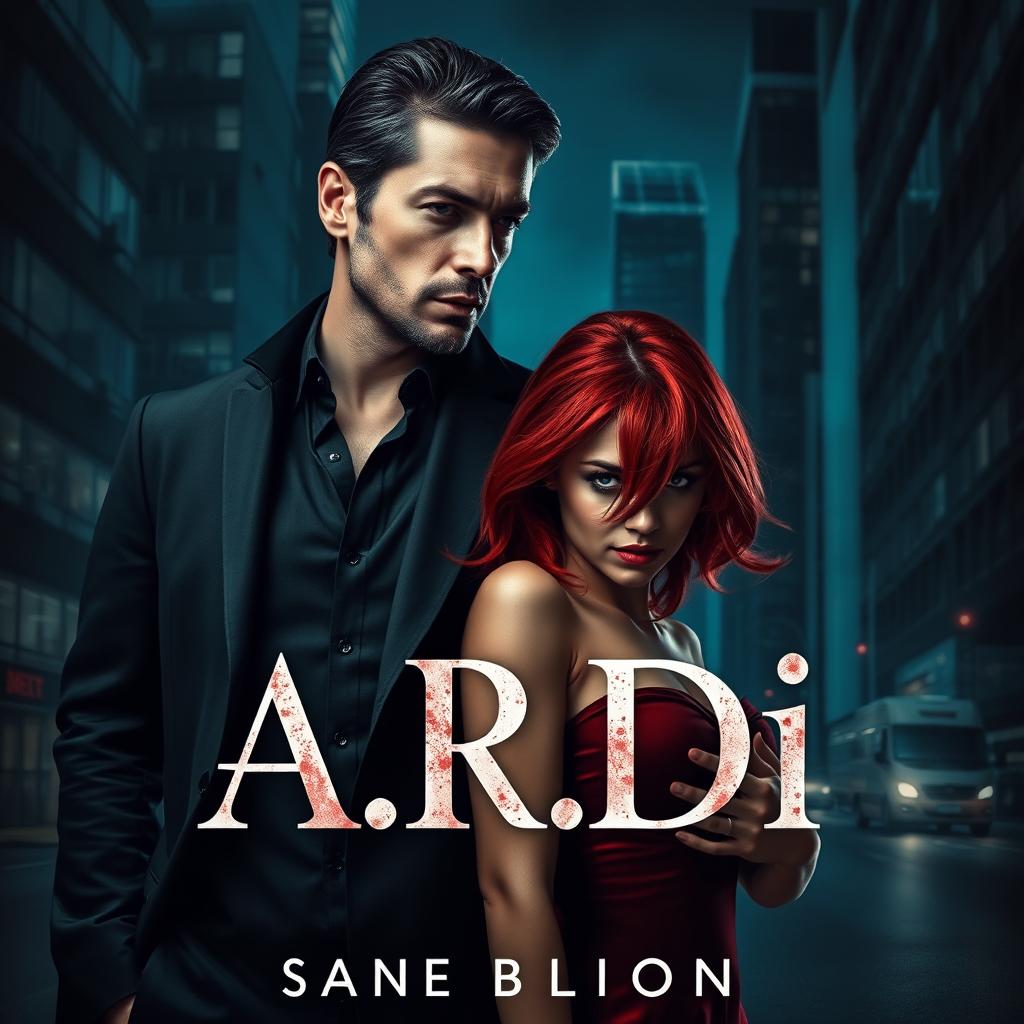 A captivating book cover in the dark romance style, featuring a wealthy man and a vulnerable woman with striking red hair, ensnared in a narrative of pursuit within a modern nighttime city