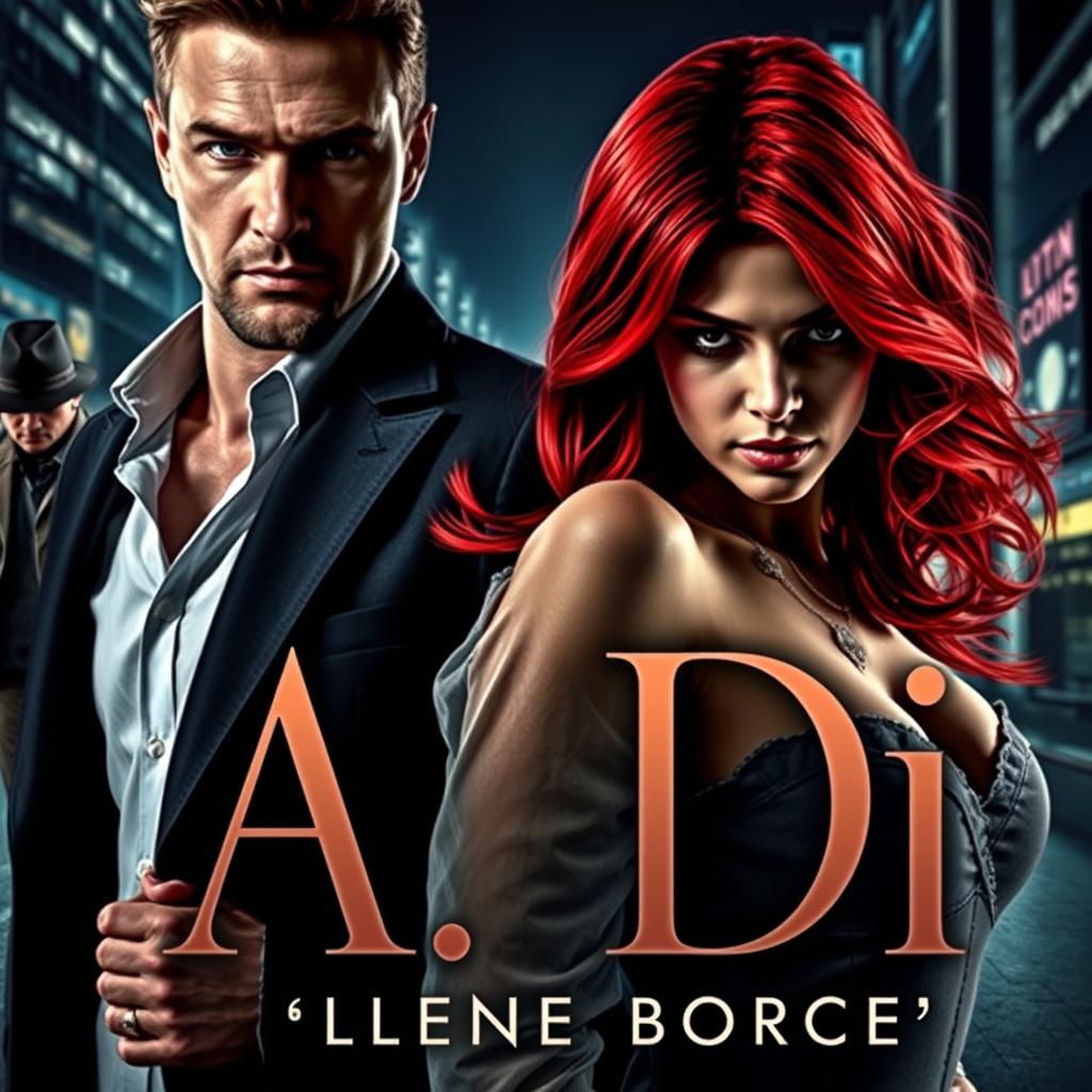 A captivating book cover in the dark romance style, featuring a wealthy man and a vulnerable woman with striking red hair, ensnared in a narrative of pursuit within a modern nighttime city