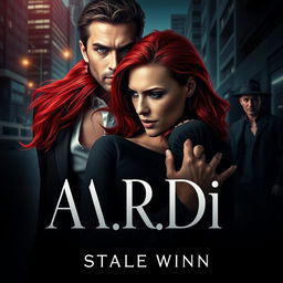 A captivating book cover in the dark romance style, featuring a wealthy man and a vulnerable woman with striking red hair, ensnared in a narrative of pursuit within a modern nighttime city