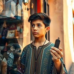 A striking scene featuring a teenager standing in front of a crystal shop in Morocco, gazing intently at the array of shimmering crystals displayed in the shop window