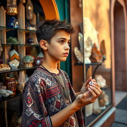 A striking scene featuring a teenager standing in front of a crystal shop in Morocco, gazing intently at the array of shimmering crystals displayed in the shop window