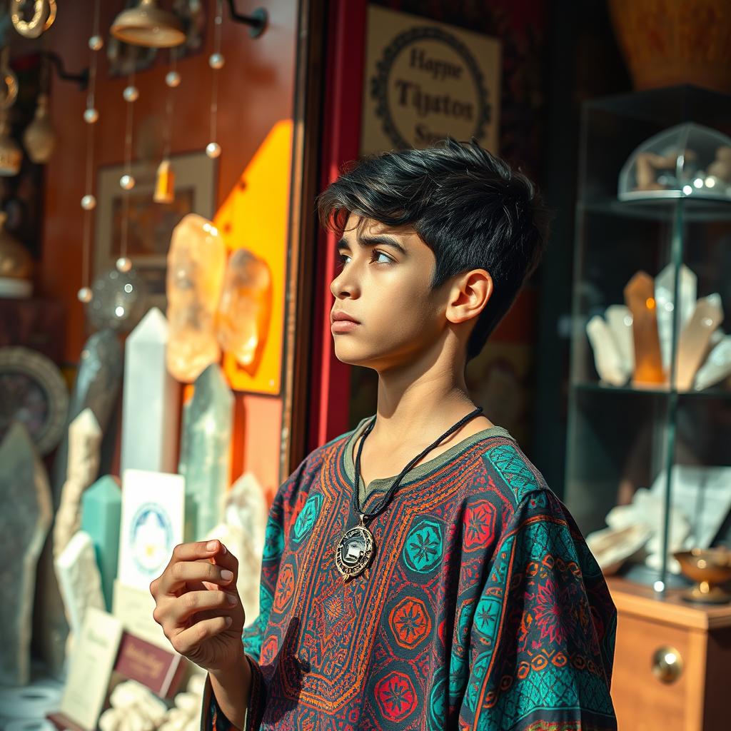 A striking scene featuring a teenager standing in front of a crystal shop in Morocco, gazing intently at the array of shimmering crystals displayed in the shop window