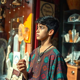 A striking scene featuring a teenager standing in front of a crystal shop in Morocco, gazing intently at the array of shimmering crystals displayed in the shop window