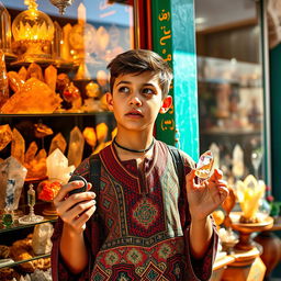 A striking scene featuring a teenager standing in front of a crystal shop in Morocco, gazing intently at the array of shimmering crystals displayed in the shop window