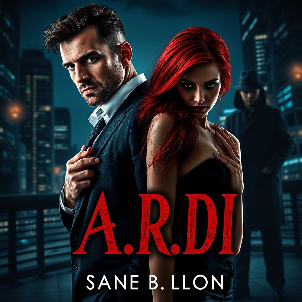 An evocative book cover in the dark romance style, showcasing a confident wealthy man and a defenseless woman with dramatic red hair, set against the backdrop of a modern nighttime city