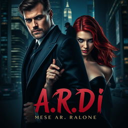 An evocative book cover in the dark romance style, showcasing a confident wealthy man and a defenseless woman with dramatic red hair, set against the backdrop of a modern nighttime city