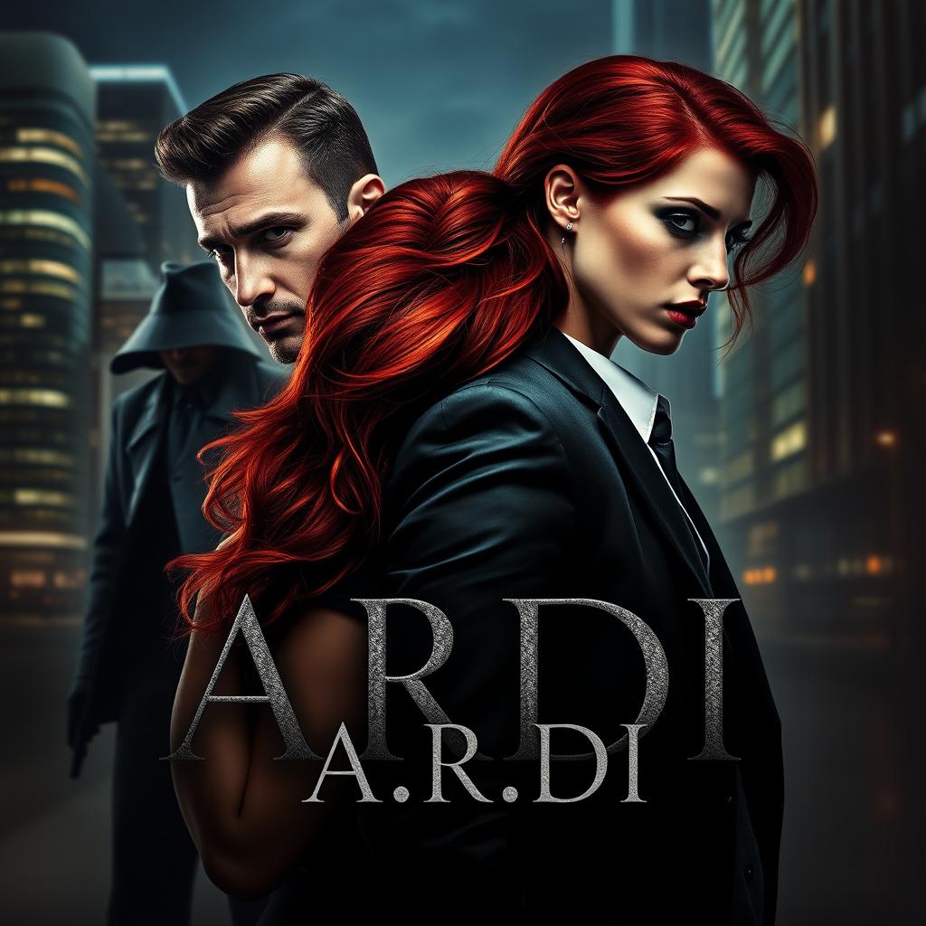 An evocative book cover in the dark romance style, showcasing a confident wealthy man and a defenseless woman with dramatic red hair, set against the backdrop of a modern nighttime city