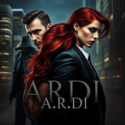 An evocative book cover in the dark romance style, showcasing a confident wealthy man and a defenseless woman with dramatic red hair, set against the backdrop of a modern nighttime city