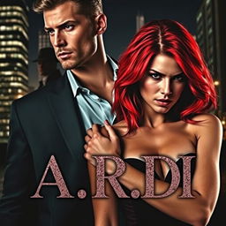 An evocative book cover in the dark romance style, showcasing a confident wealthy man and a defenseless woman with dramatic red hair, set against the backdrop of a modern nighttime city