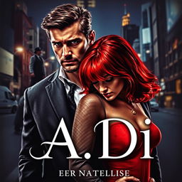 A striking book cover in the dark romance style, showcasing a wealthy man and a defenseless woman with vivid red hair, framed within a contemporary nighttime city environment