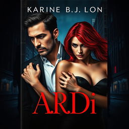 A striking book cover in the dark romance style, showcasing a wealthy man and a defenseless woman with vivid red hair, framed within a contemporary nighttime city environment