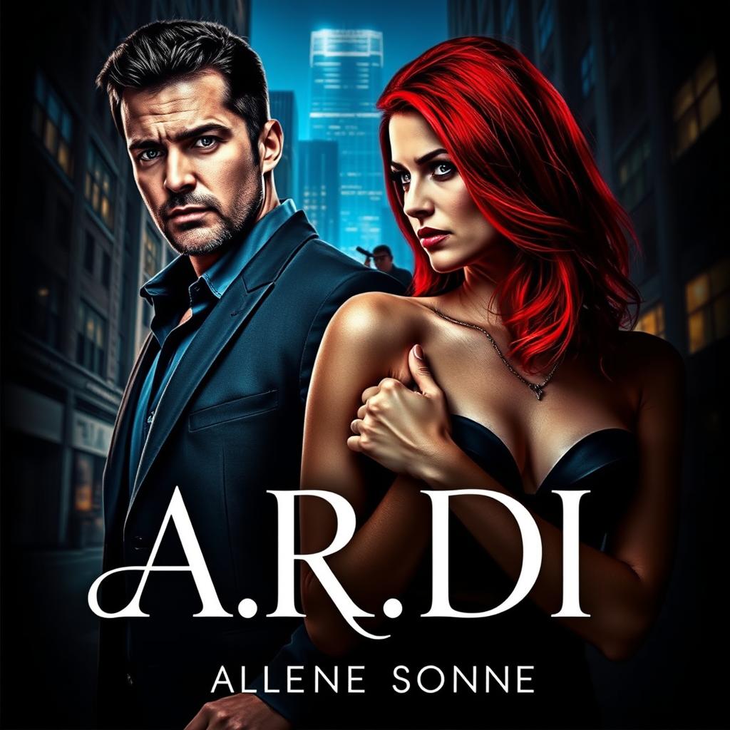 A striking book cover in the dark romance style, showcasing a wealthy man and a defenseless woman with vivid red hair, framed within a contemporary nighttime city environment