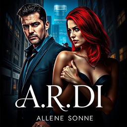 A striking book cover in the dark romance style, showcasing a wealthy man and a defenseless woman with vivid red hair, framed within a contemporary nighttime city environment