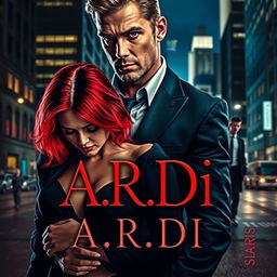 A striking book cover in the dark romance style, showcasing a wealthy man and a defenseless woman with vivid red hair, framed within a contemporary nighttime city environment