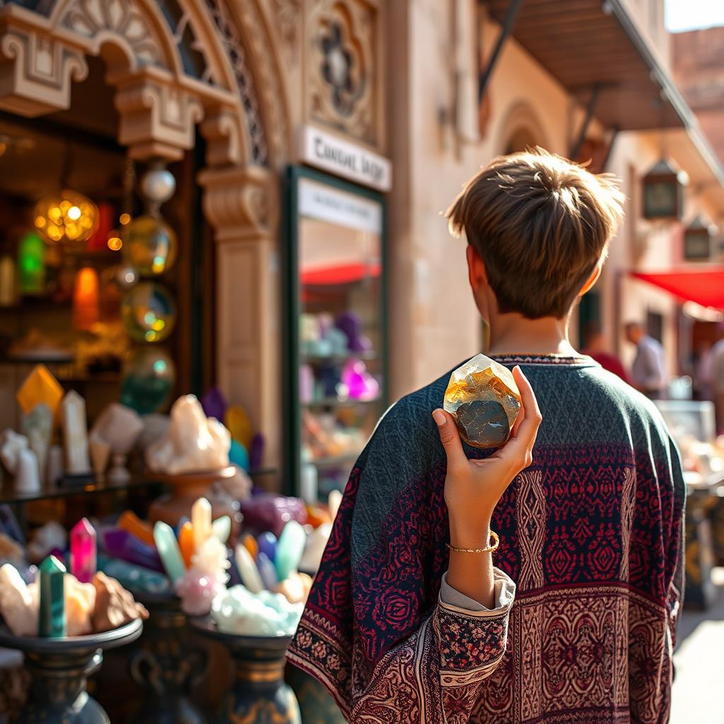 A captivating scene depicting a teenager standing in front of a crystal shop in Morocco, seen from behind