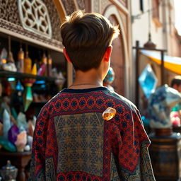 A captivating scene depicting a teenager standing in front of a crystal shop in Morocco, seen from behind