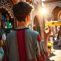 A captivating scene depicting a teenager standing in front of a crystal shop in Morocco, seen from behind