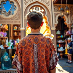 A captivating scene depicting a teenager standing in front of a crystal shop in Morocco, seen from behind