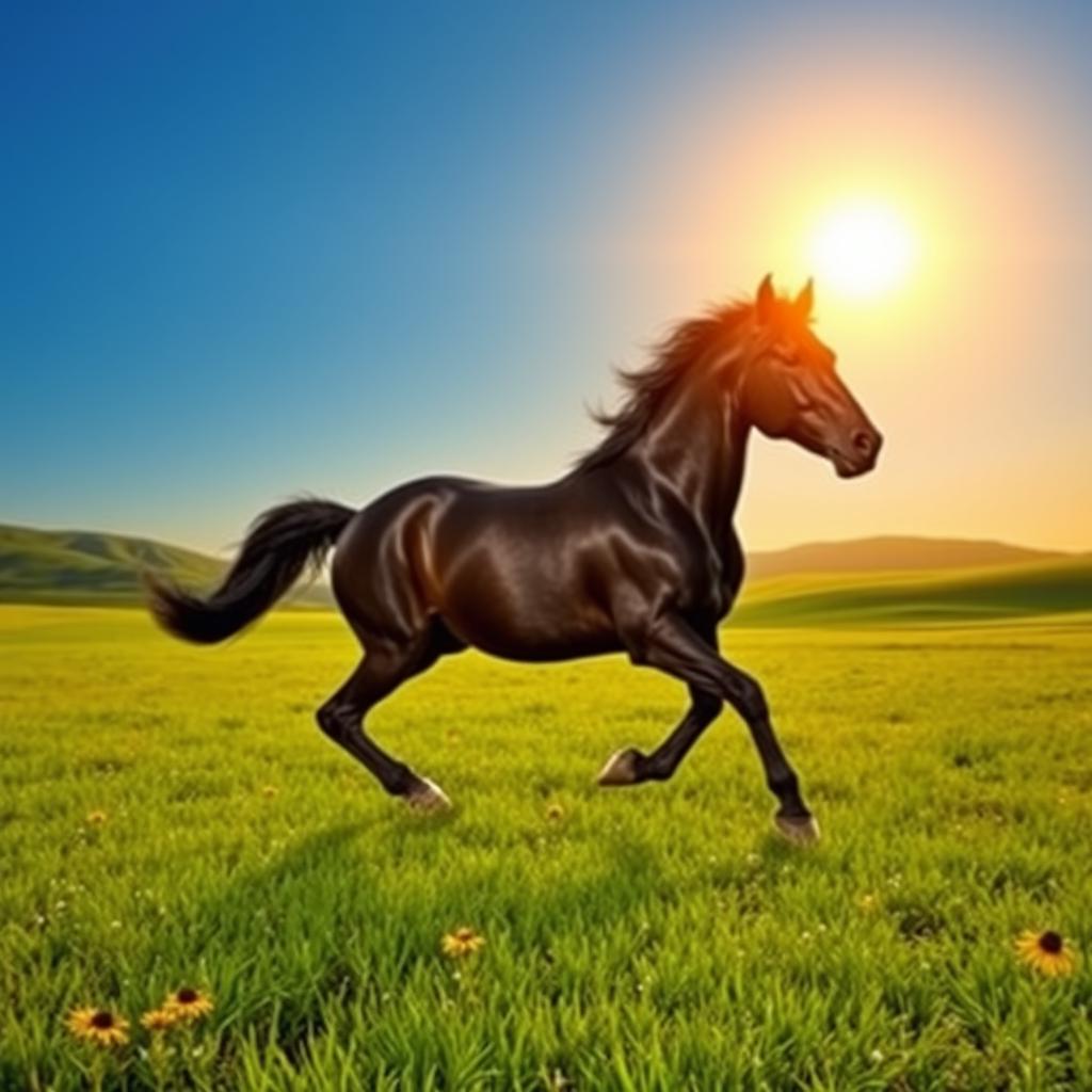 A majestic black stallion galloping through a lush green field under a clear blue sky