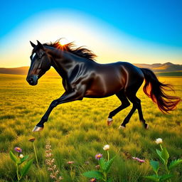 A majestic black stallion galloping through a lush green field under a clear blue sky