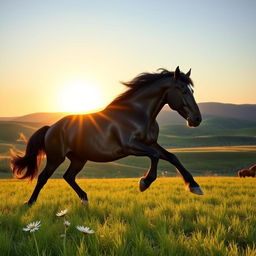 A majestic black stallion galloping through a lush green field under a clear blue sky