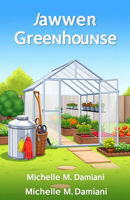 A vibrant, cartoonish-style book cover featuring a prominent greenhouse in a bright, daytime backyard setting