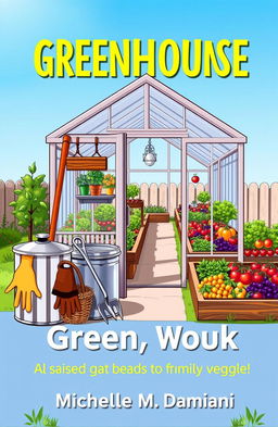 A vibrant, cartoonish-style book cover featuring a prominent greenhouse in a bright, daytime backyard setting