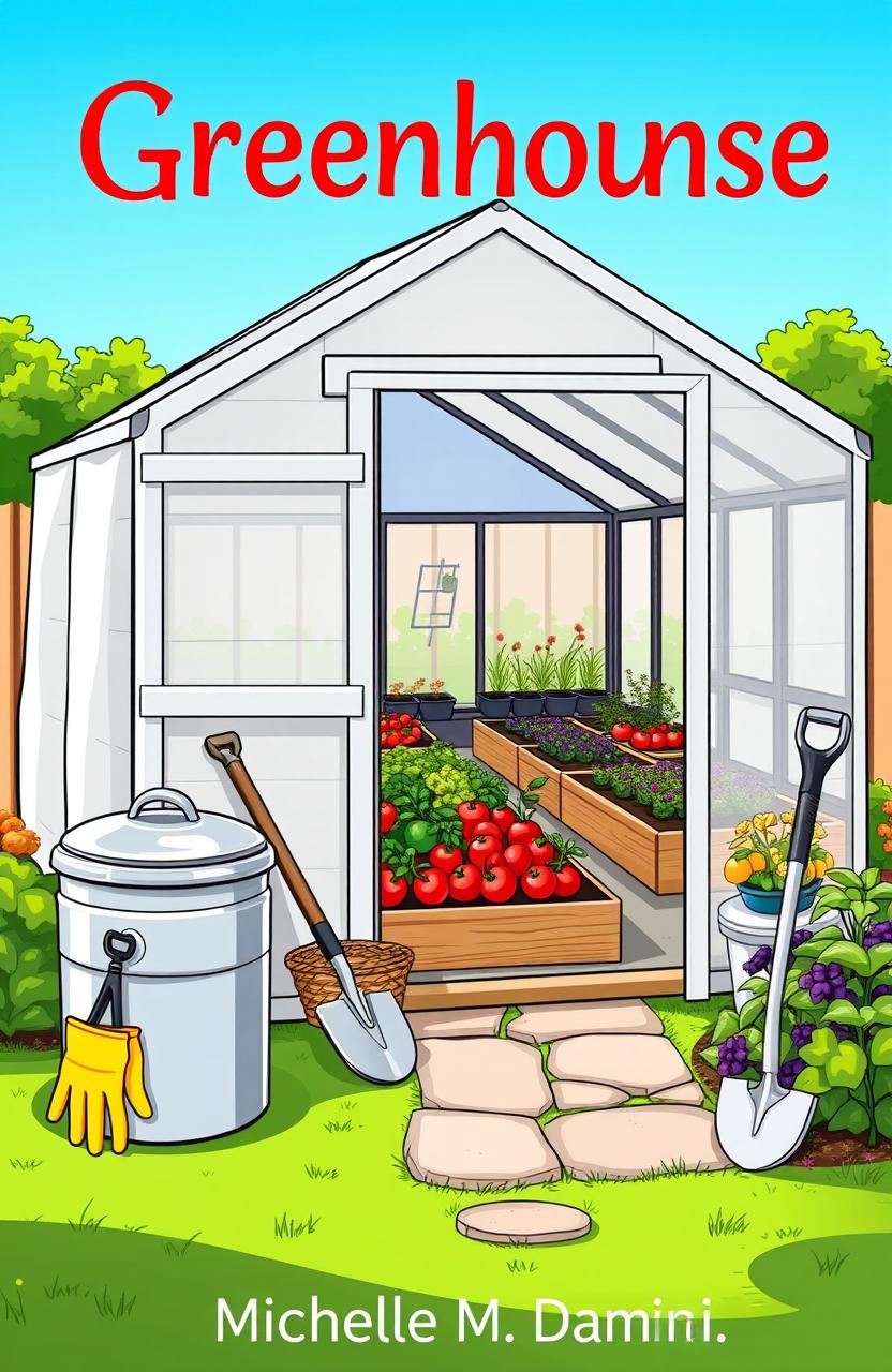 A vibrant, cartoonish-style book cover featuring a prominent greenhouse in a bright, daytime backyard setting