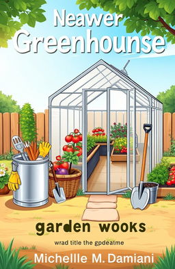 A vibrant, cartoonish-style book cover featuring a prominent greenhouse in a bright, daytime backyard setting