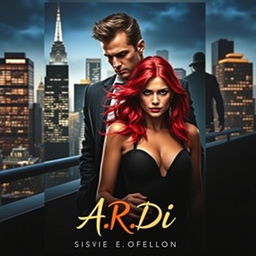 An intriguing book cover in the dark romance style, depicting a wealthy, dominant man and a defenseless woman with vibrant red hair, set against a modern nighttime cityscape