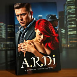 An intriguing book cover in the dark romance style, depicting a wealthy, dominant man and a defenseless woman with vibrant red hair, set against a modern nighttime cityscape