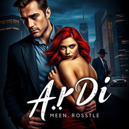 An intriguing book cover in the dark romance style, depicting a wealthy, dominant man and a defenseless woman with vibrant red hair, set against a modern nighttime cityscape