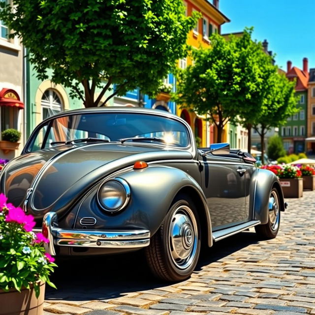 A stunning VW sedan, showcasing its iconic design with a glossy exterior, vintage styling, classic round headlights, and smooth curves