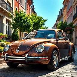 A stunning VW sedan, showcasing its iconic design with a glossy exterior, vintage styling, classic round headlights, and smooth curves