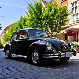 A stunning VW sedan, showcasing its iconic design with a glossy exterior, vintage styling, classic round headlights, and smooth curves