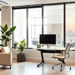 A modern office environment with a sleek design, featuring a large window letting in natural light, contemporary furniture with a minimalist aesthetic, plants on the windowsill, and a high-tech computer setup on a stylish desk