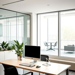 A modern office environment with a sleek design, featuring a large window letting in natural light, contemporary furniture with a minimalist aesthetic, plants on the windowsill, and a high-tech computer setup on a stylish desk