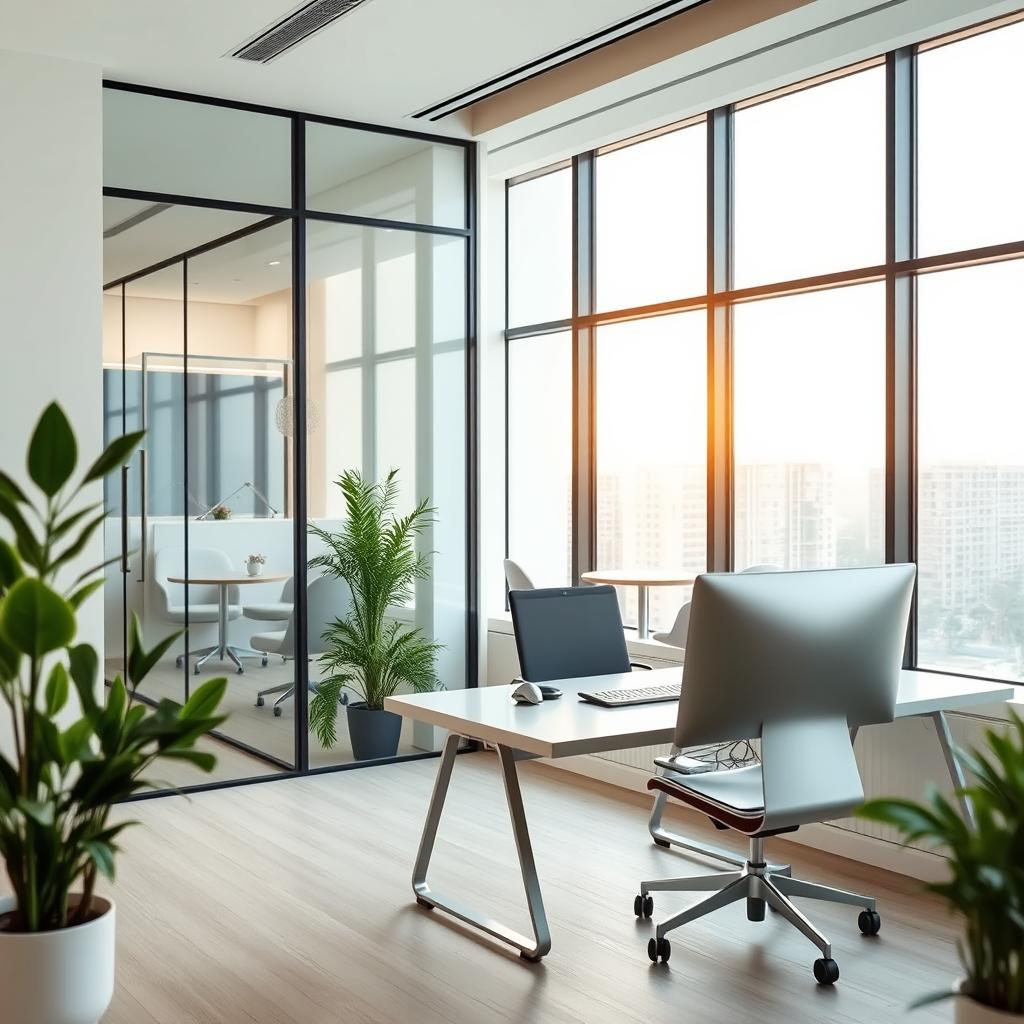 A modern office environment with a sleek design, featuring a large window letting in natural light, contemporary furniture with a minimalist aesthetic, plants on the windowsill, and a high-tech computer setup on a stylish desk