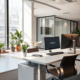 A modern office environment with a sleek design, featuring a large window letting in natural light, contemporary furniture with a minimalist aesthetic, plants on the windowsill, and a high-tech computer setup on a stylish desk