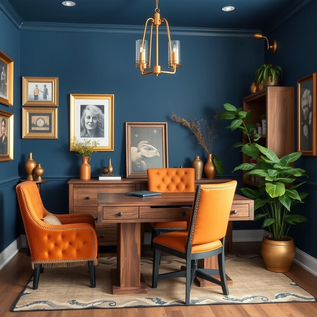 An office designed in shades of blue and gold, featuring rustic furniture made from reclaimed wood