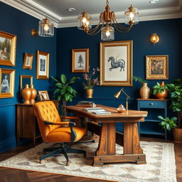 An office designed in shades of blue and gold, featuring rustic furniture made from reclaimed wood