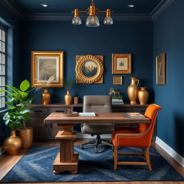 An office designed in shades of blue and gold, featuring rustic furniture made from reclaimed wood