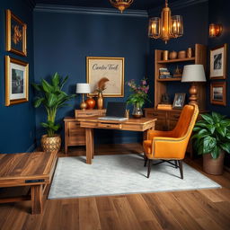 An office designed in shades of blue and gold, featuring rustic furniture made from reclaimed wood