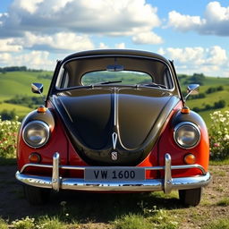 An incredible 1960 VW 1600, showcasing its distinctive vintage charm with a glossy, well-maintained body in a vibrant color, classic round headlights, and sleek lines