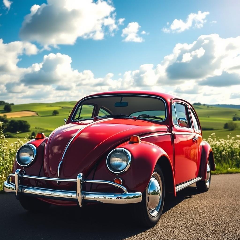 An incredible 1960 VW 1600, showcasing its distinctive vintage charm with a glossy, well-maintained body in a vibrant color, classic round headlights, and sleek lines