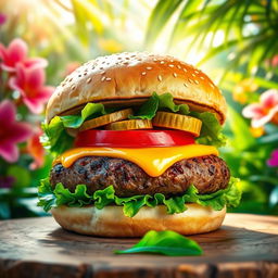 A vibrant, mouthwatering burger featuring a succulent grilled beef patty, topped with gooey melted cheese, crisp lettuce, fresh tomato slices, and crunchy pickles, all housed in a perfectly toasted sesame seed bun