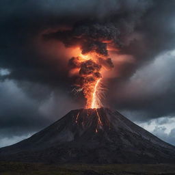 A dramatic volcano erupting violently, under a dark stormy sky illuminated by fierce bolts of lightning.